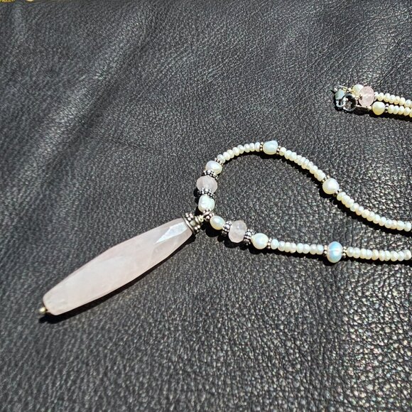 Rose Quartz and Freshwater Pearl Necklace - Picture 1 of 8
